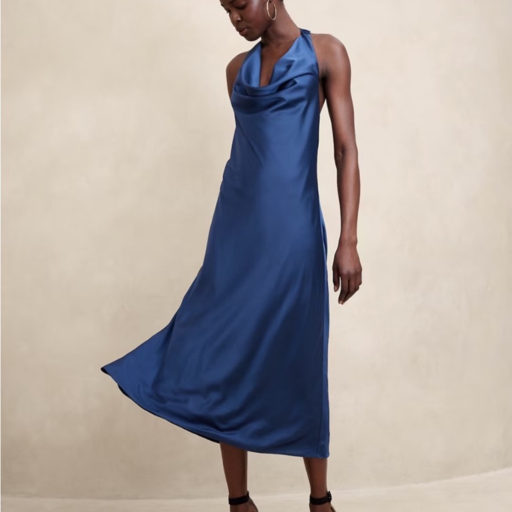 NWT BANANA REPUBLIC Satin Halter-Neck Midi Dress Blue Cowl Neck